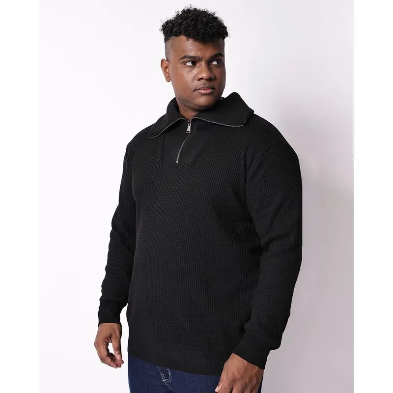 Blusão Plus Size Masculino Tricô Maquinetado com Zíper Preto G1