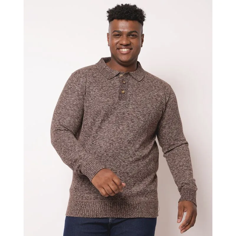 Suéter Plus Size Masculino Tricô Gola Polo Marrom G3