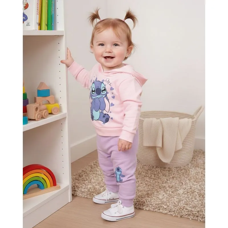 Conjunto Moletom Bebê Algodão com Capuz Disney Stitch Rosa M