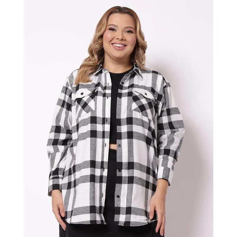 Camisa Plus Size Feminina Flanelada Xadrez Branca G3