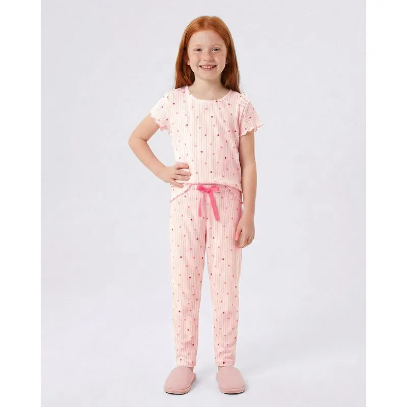 Pijama Infantil Longo Ribana Algodão Estampa Corações Rosa 4