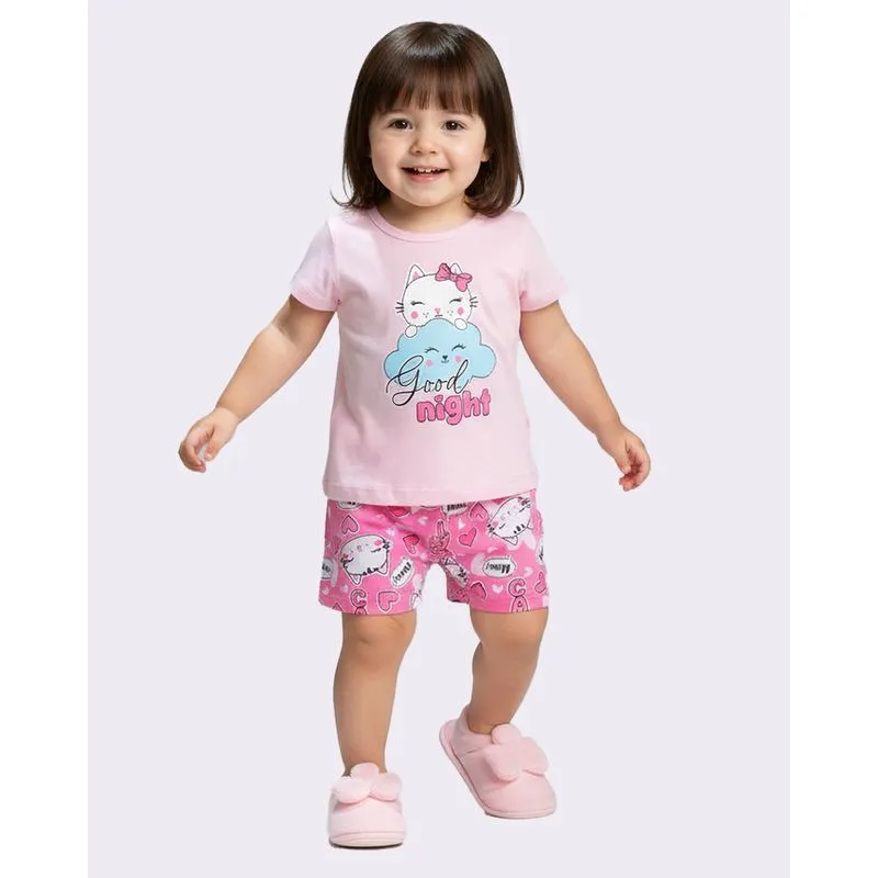 Pijama Bebê Curto Algodão Estampa Gatinho Rosa 3