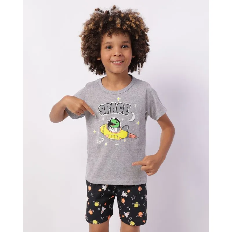 Pijama Infantil Curto Algodão Estampa Dino Astronauta Cinza 8