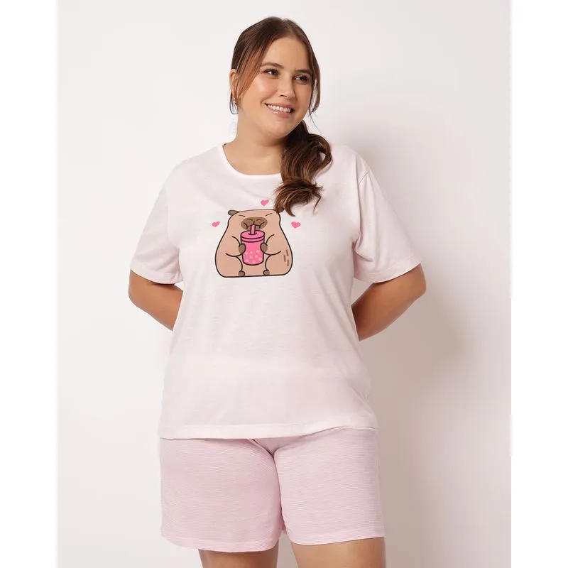 Pijama Plus Size Feminino Curto Listrado Estampa Capivara Rosa 48
