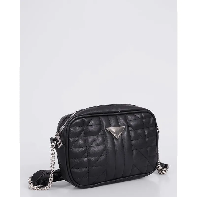Bolsa Feminina Transversal com Aplicação Metalica Preta UN