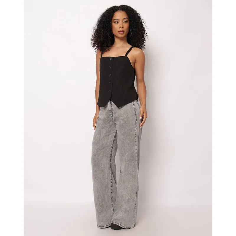 Calça Jeans Feminina Donatta Wide Leg Marmorizada Preta 44