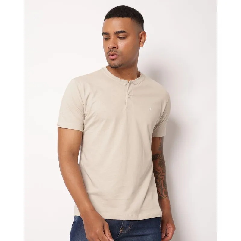Camiseta Masculina Básica Com Botões Manga Curta Bege G