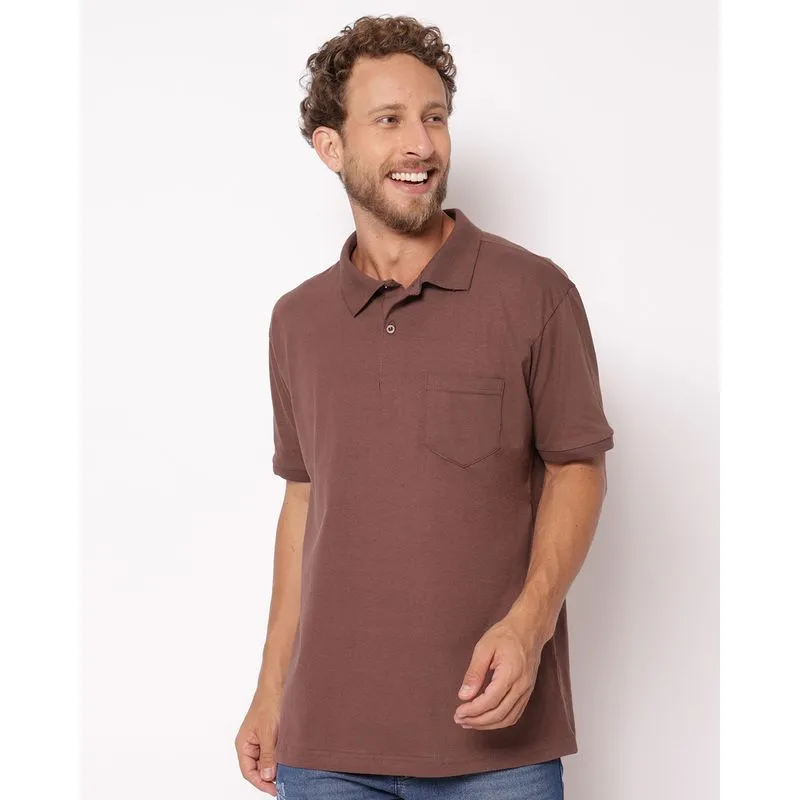 Camisa Polo Masculina Algodão Lisa com Bolso Marrom GG