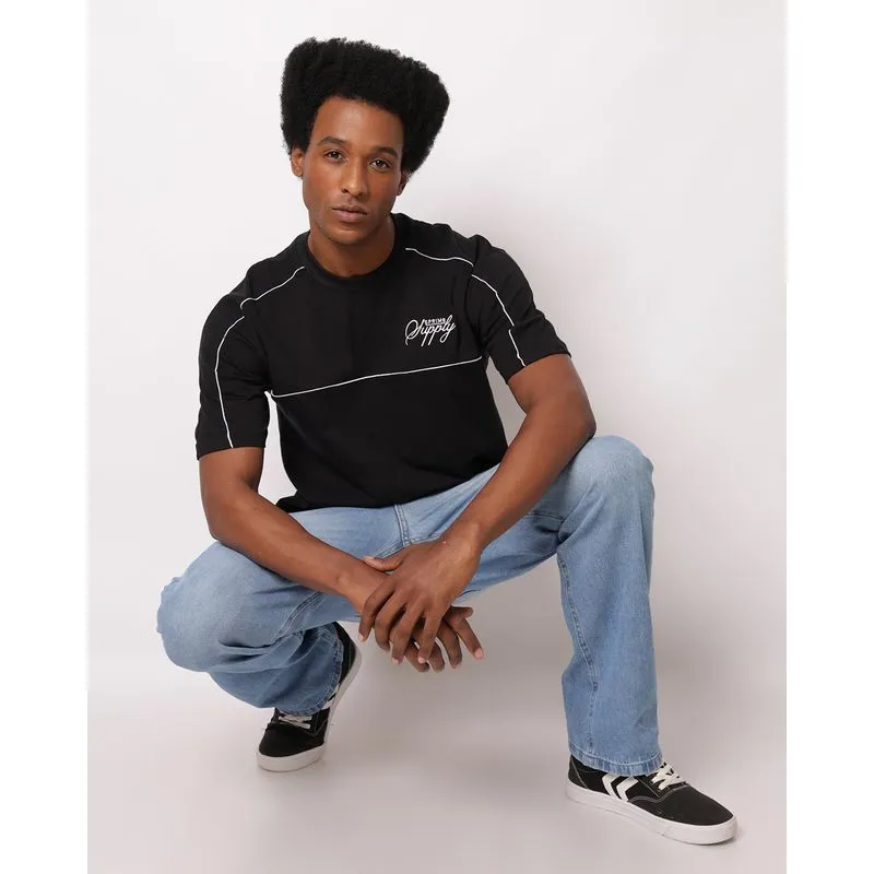 Camiseta Masculina Oversized Algodão Bordado Manga Curta Preta G