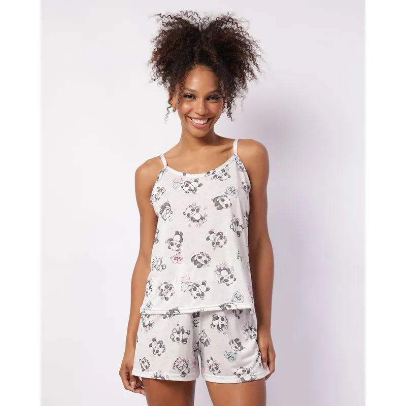 Pijama Feminino Curto Estampado Pandas Cinza M