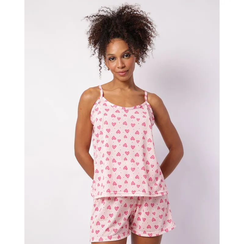 Pijama Feminino Curto Estampado Corações Rosa G