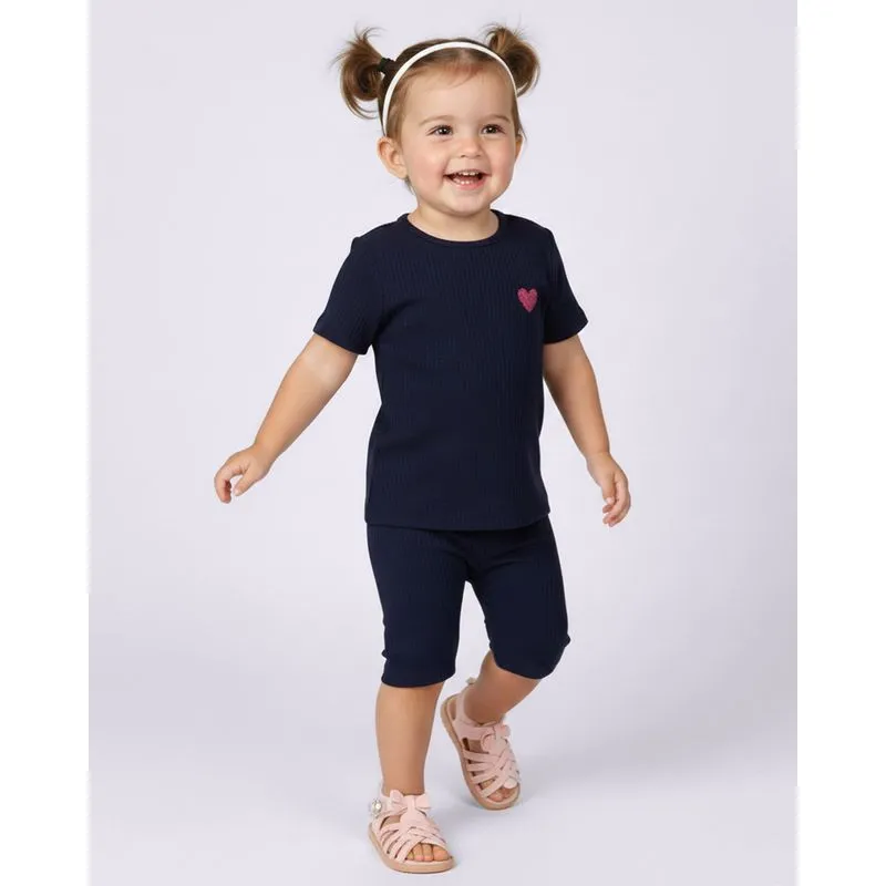Conjunto Bebê Curto Canelado com Aplicação Coração Glitter Marinho 3