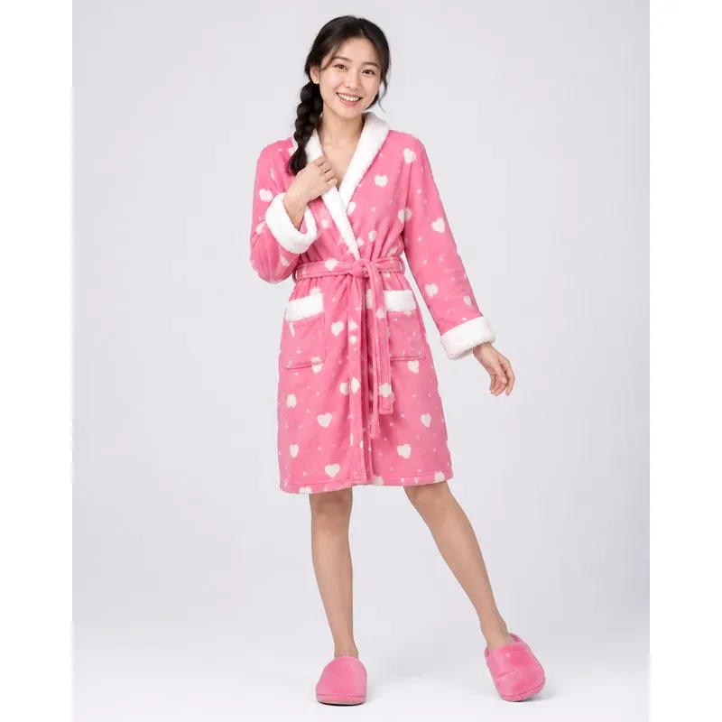 Roupão Kimono Plumagem com Sherpa Estampado Coração Rosa G