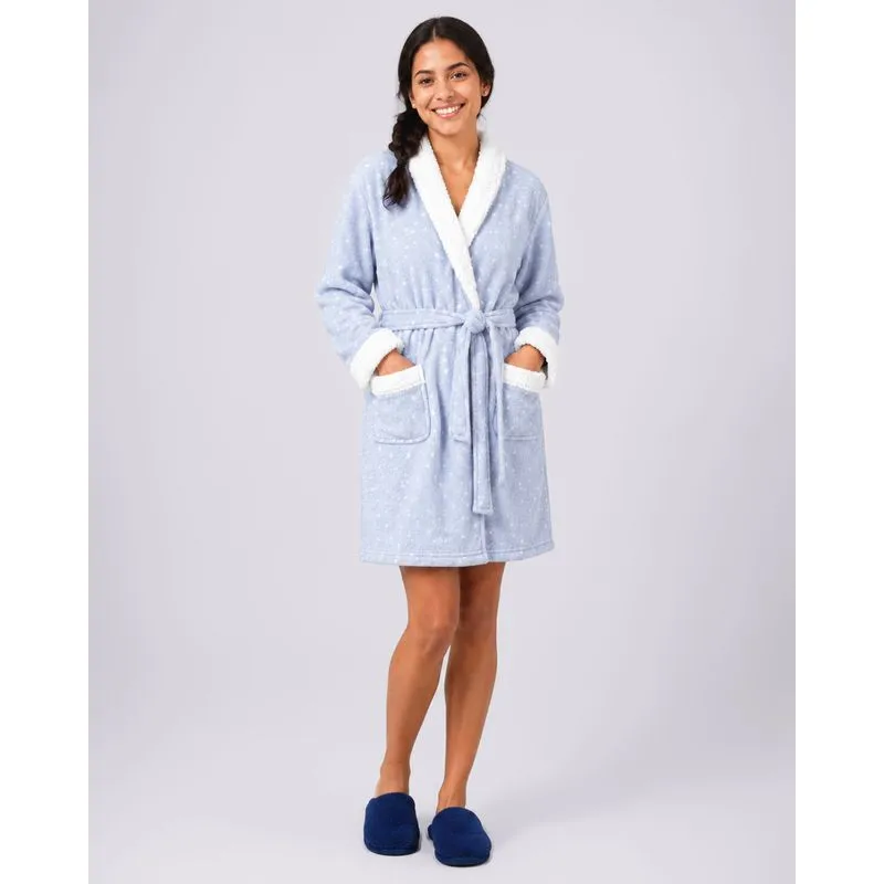 Roupão Kimono Plumagem com Sherpa Estampa Poa Azul P