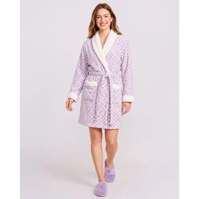 Roupão Kimono Plumagem com Sherpa Estampa Xadrez Lilás XG
