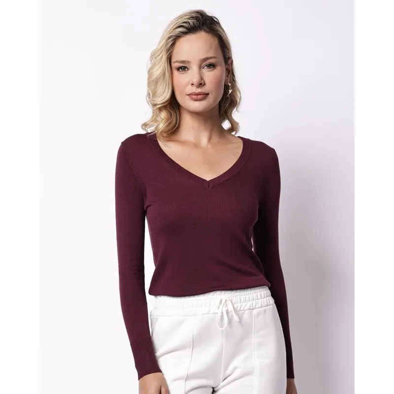 Suéter Feminino Tricô Viscose Decote V Vinho M