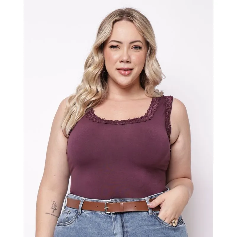 Regata Plus Size Feminina Viscose Decote com Renda Roxa G1