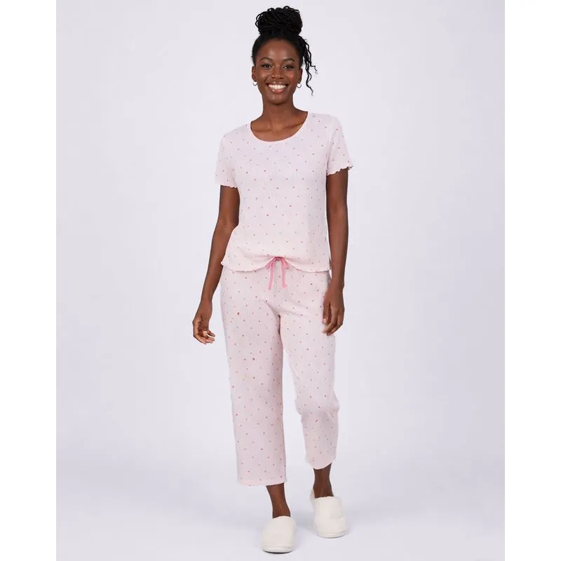 Pijama Feminino Longo Listrado Estampado Corações Rosa P