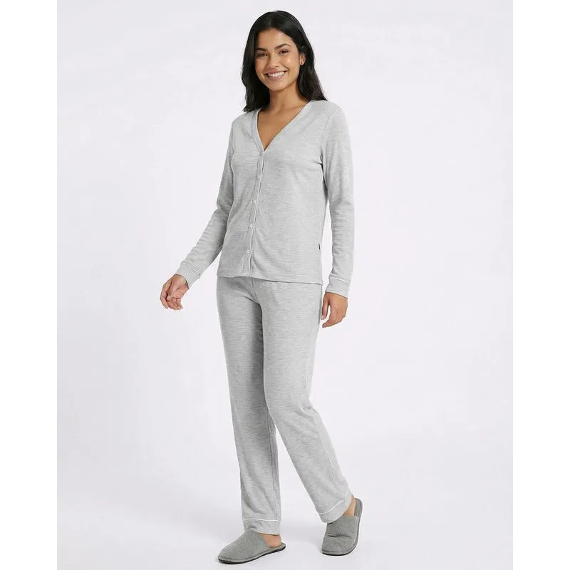 Pijama Feminino Longo Ribana Decote V com Botões Cinza P
