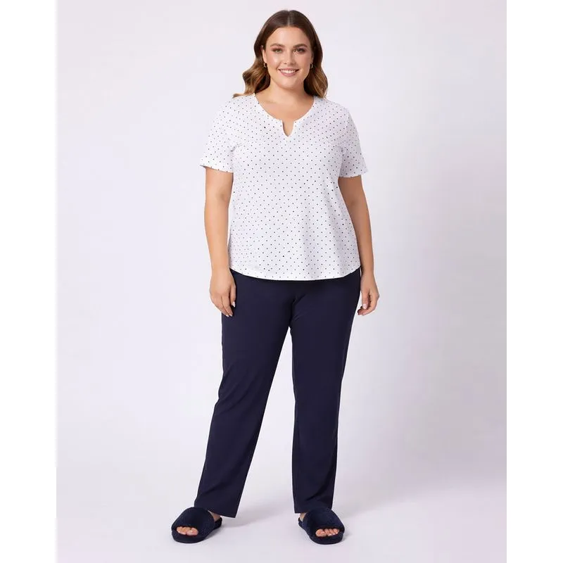 Pijama Plus Size Feminino Longo Canelado Poá Marinho 50