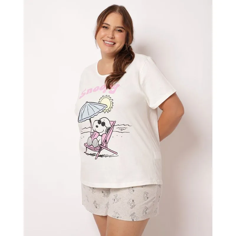 Pijama Plus Size Feminino Curto Algodão Snoopy Off White 54