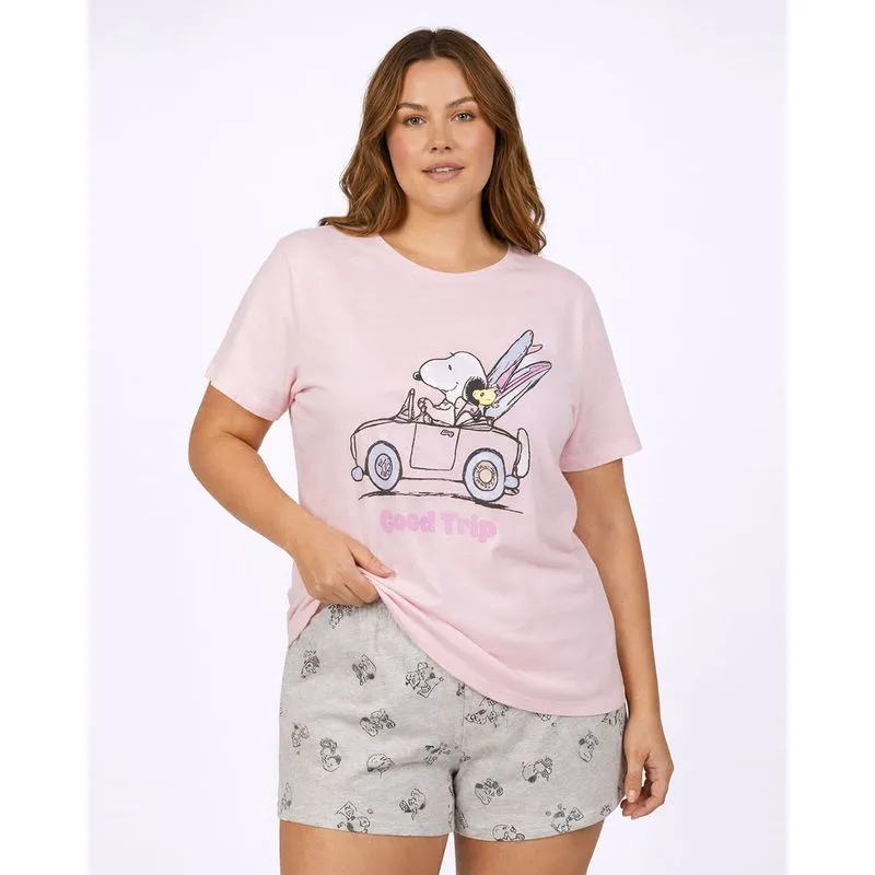 Pijama Plus Size Feminino Curto Algodão Snoopy Rosa 48