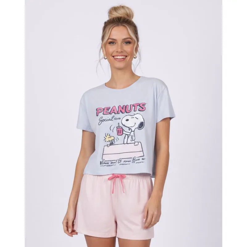 Pijama Feminino Curto Algodão Estampa Snoppy Azul M