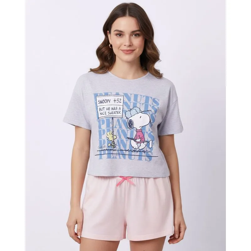 Pijama Feminino Curto Algodão Peanuts Snoopy Cinza G