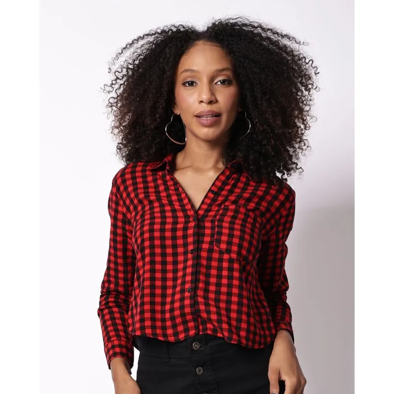 Camisa Feminina Berry & Co. Cropped Viscose Xadrez Vermelha M