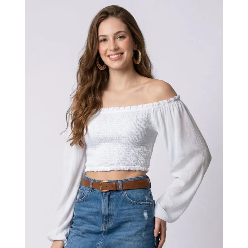 Blusa Feminina Berry & Co. Cropped Ombro a Ombro Branca G