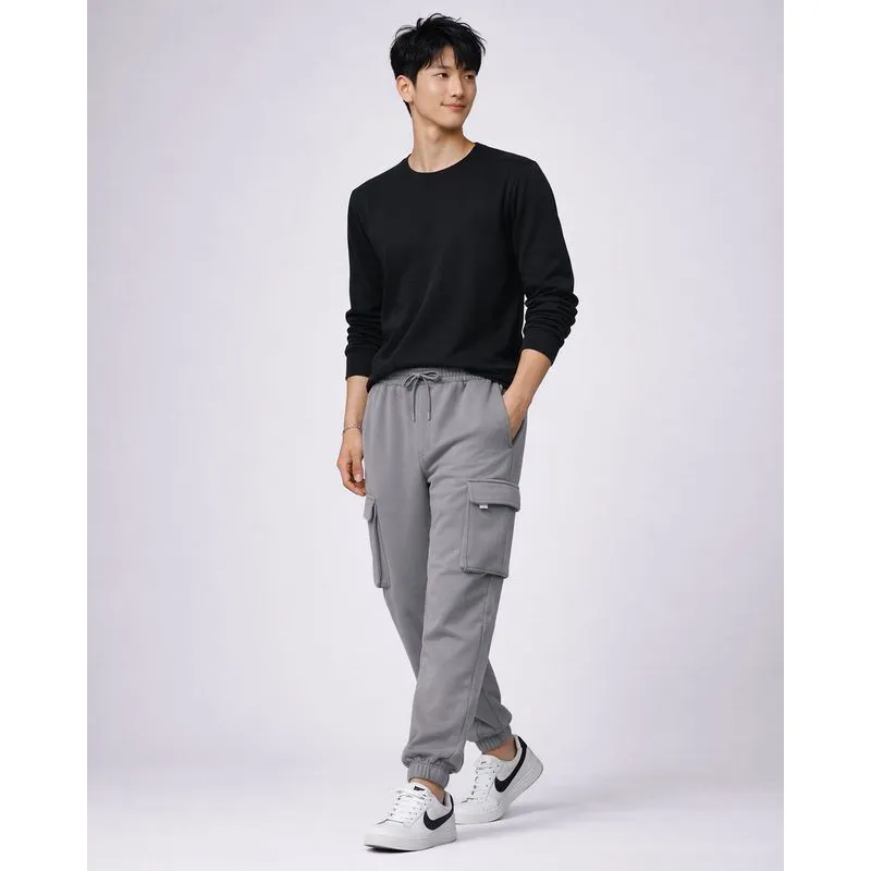 Calça Moletom Masculina Jogger Com Bolsos Cargo Cinza PP