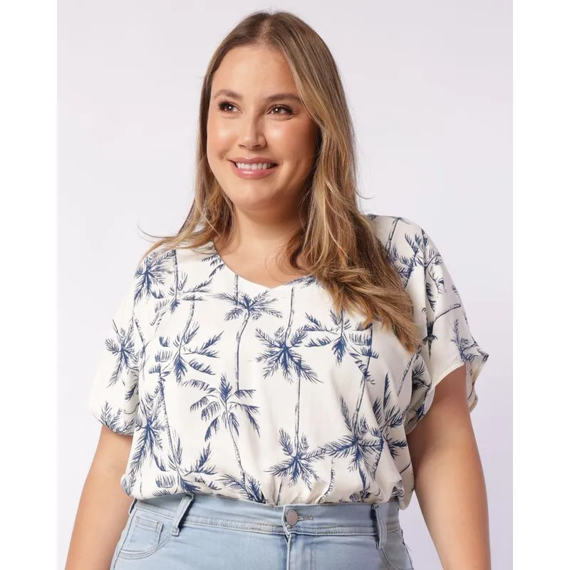Blusa Plus Size Feminina Berry & Co. Viscose Estampada Off White G3