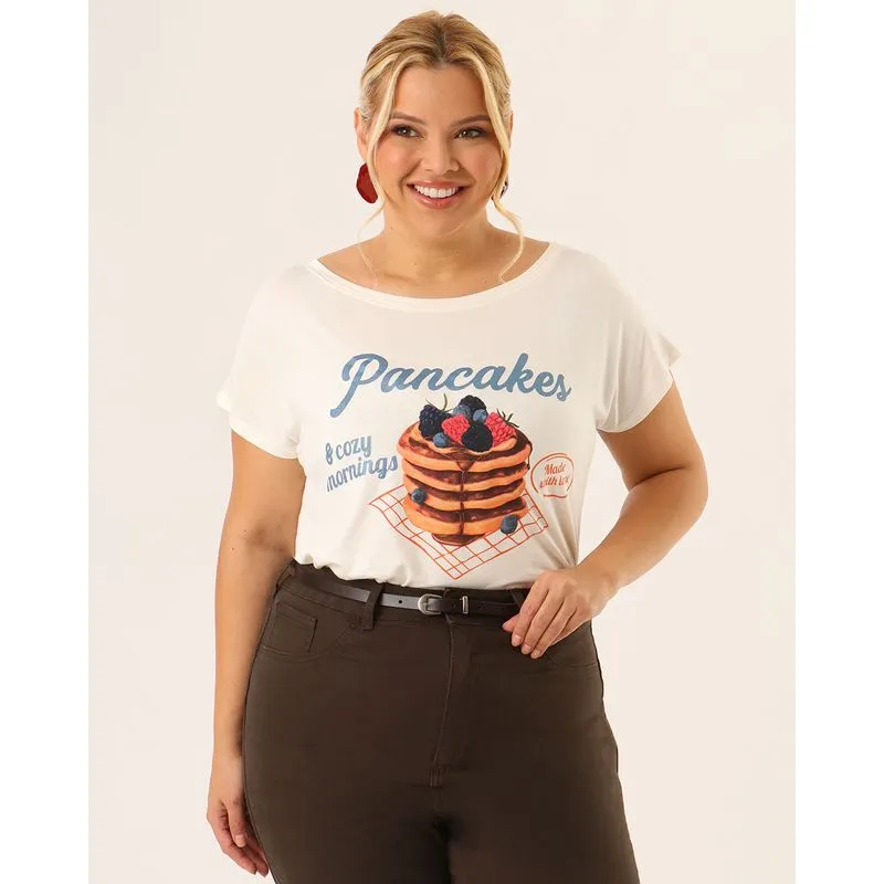 Blusa Plus Size Feminina Pancakes Manga Curta Off White G2
