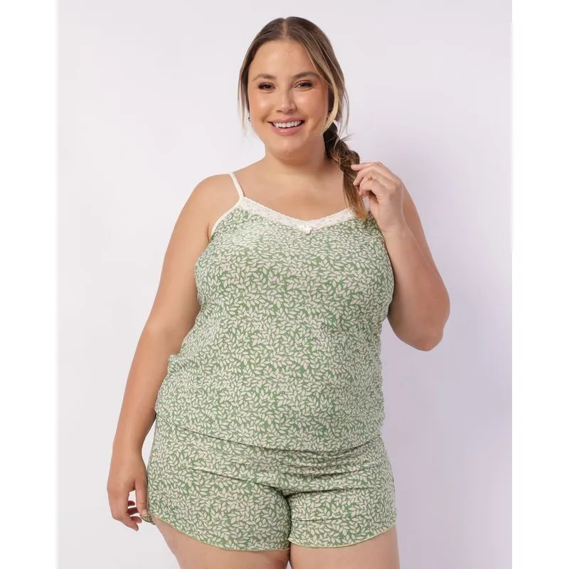 Pijama Plus Size Feminino Curto Estampado Verde 52