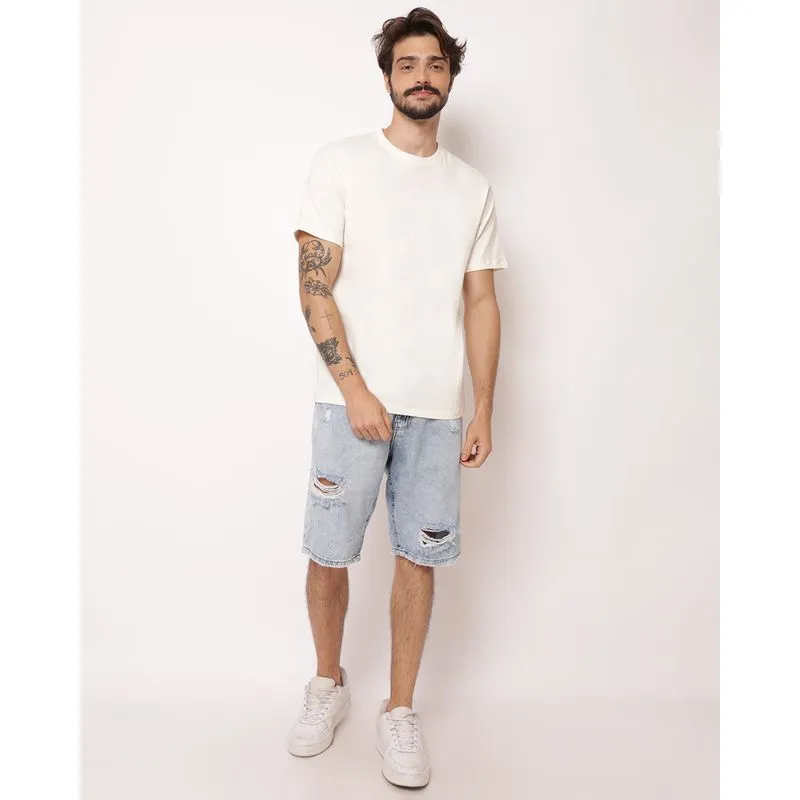 Bermuda Jeans Masculina Reta Marmorizada Destroyed Azul UN
