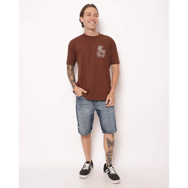 Bermuda Jeans Masculina Reta com Puídos Bolsos Azul 50