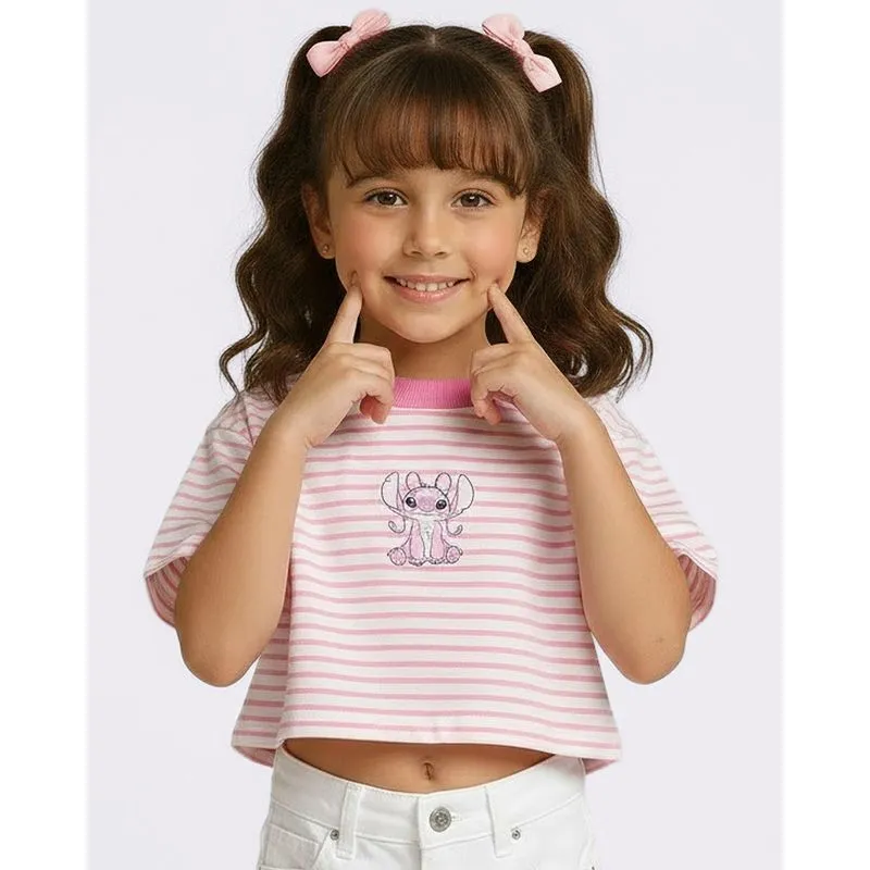 Blusa Cropped Infantil Manga Curta Disney Angel Stitch Rosa 18
