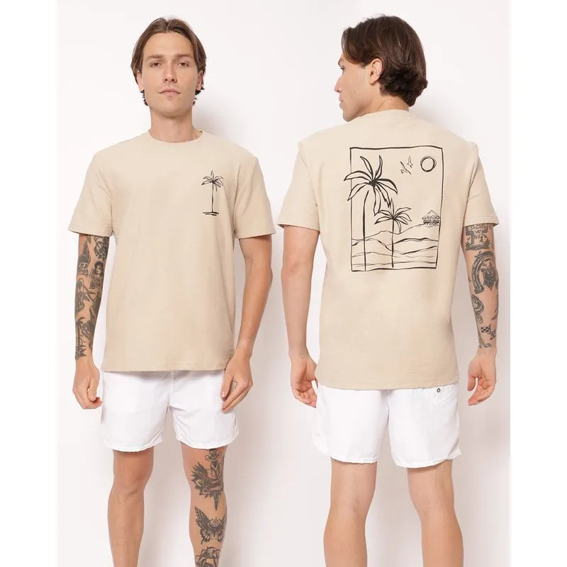 Camiseta Masculina Algodão Estampa Tropical Manga Curta Bege P