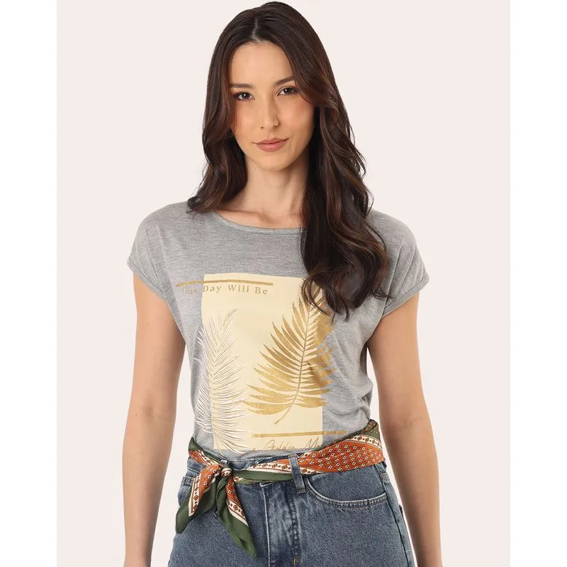 Blusa Feminina Viscose Estampa Folhagem Metalizada Cinza P