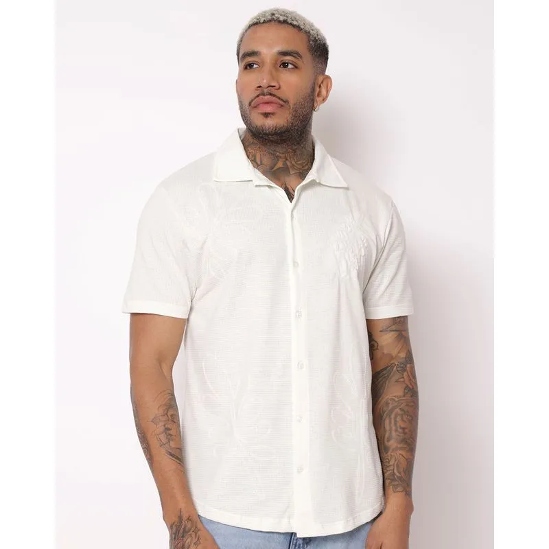 Camisa Masculina Texturizada Estampada Bordada Folhagem Off White XG