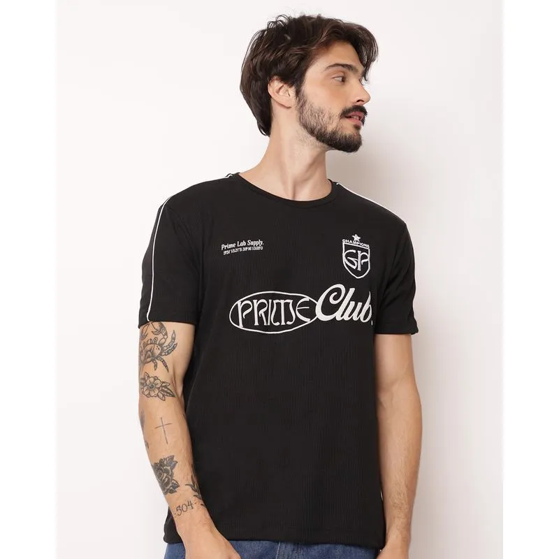 Camiseta Masculina Manga Curta Canelada com Estampa Preta GG