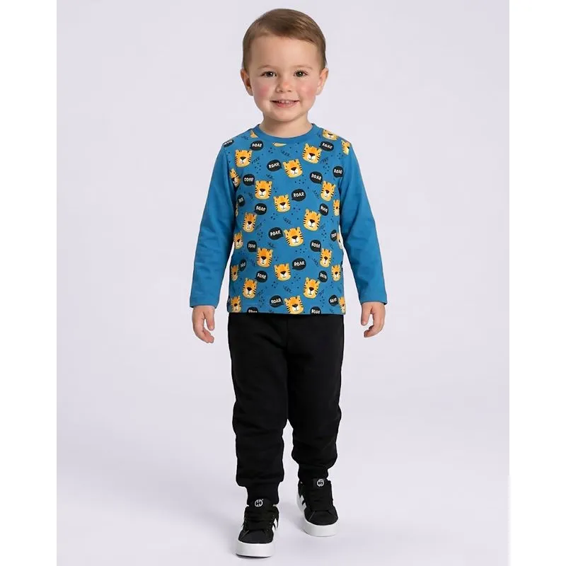 Camiseta Bebê Algodão Tigrinhos Manga Longa Azul 1