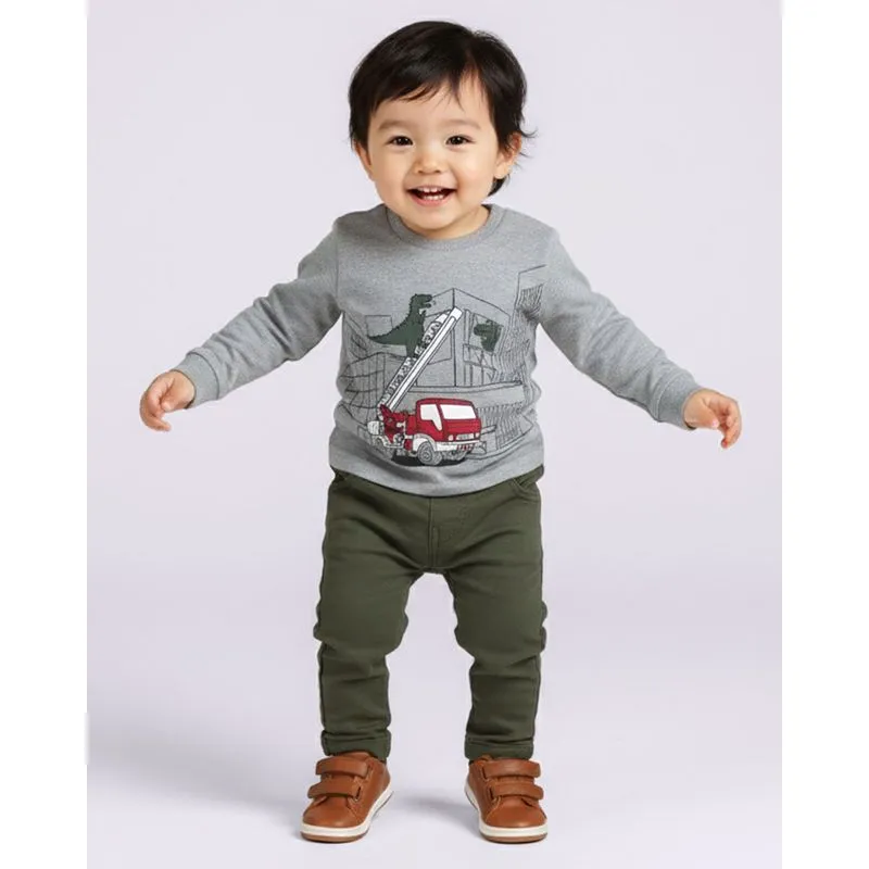 Camiseta Bebê Algodão Estampa Dino Manga Longa Mescla 3