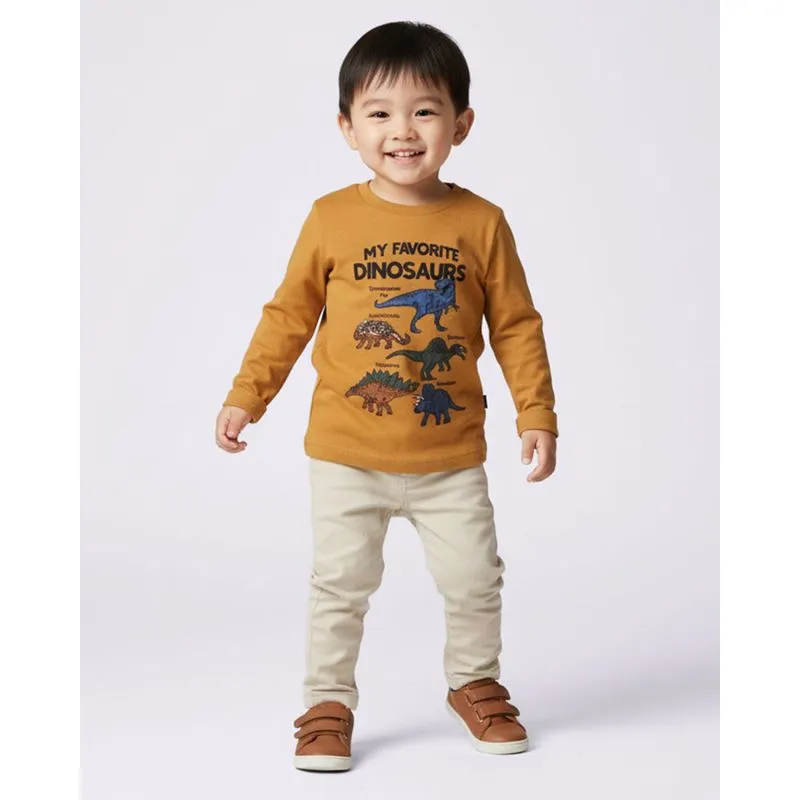 Camiseta Bebê Algodão Manga Longa Estampa Dinossauro Mostarda 3