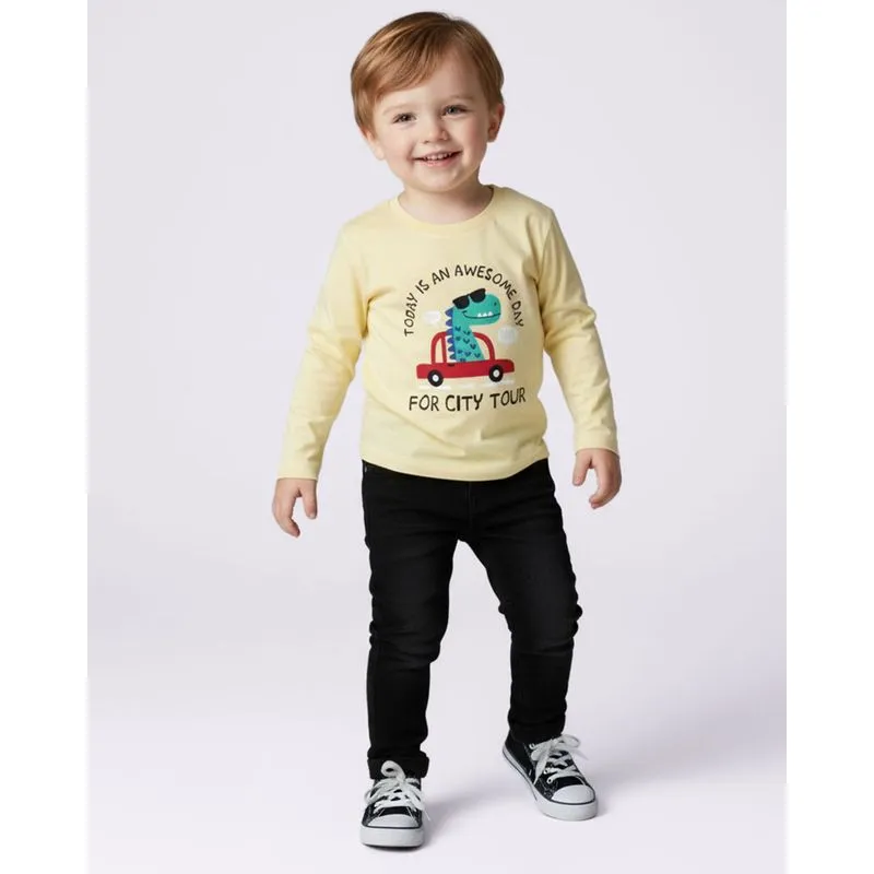 Camiseta Bebê Algodão Estampa Dinossauro Manga Longa Amarela 3
