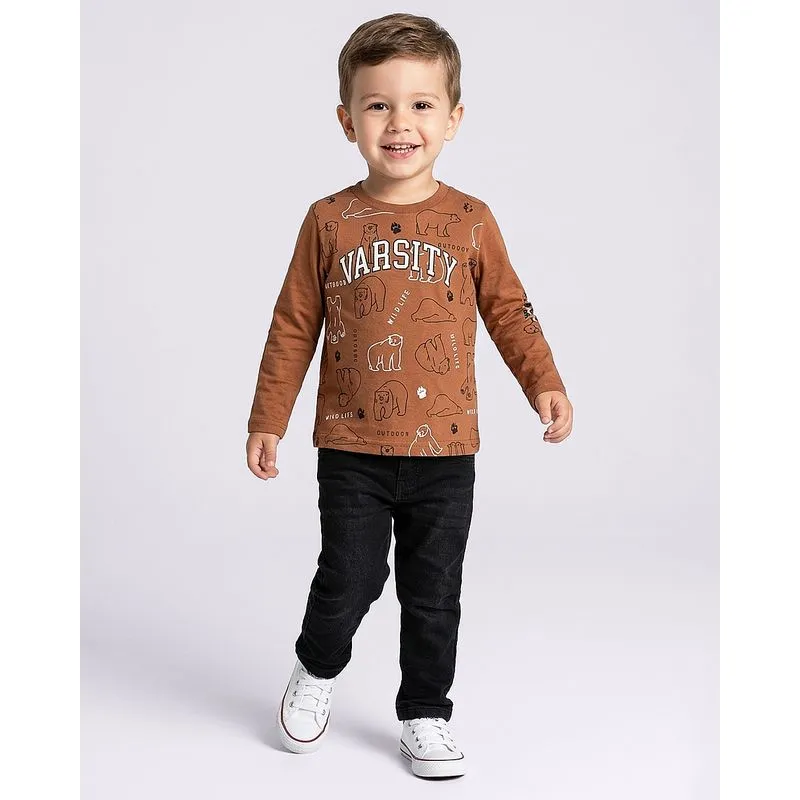 Camiseta Bebê Manga Longa Algodão Estampa Urso Marrom 2