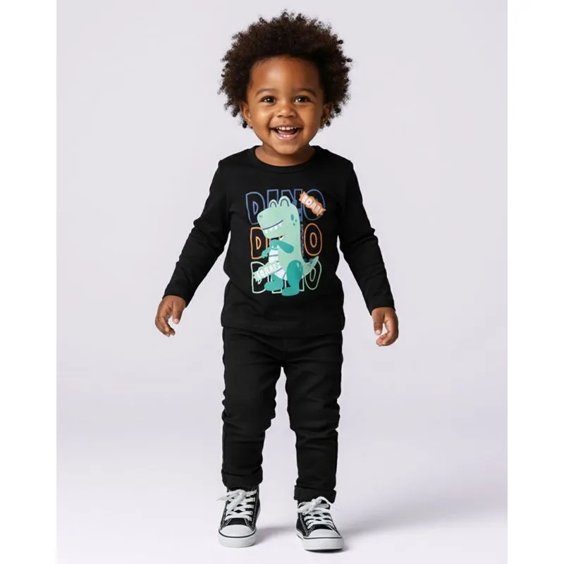 Camiseta Bebê Algodão Estampa Dinossauro Manga Longa Preta 3