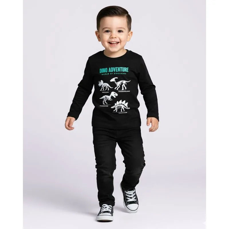 Camiseta Bebê Algodão Estampa Ossos De Dinossauros Manga Longa Preta 2