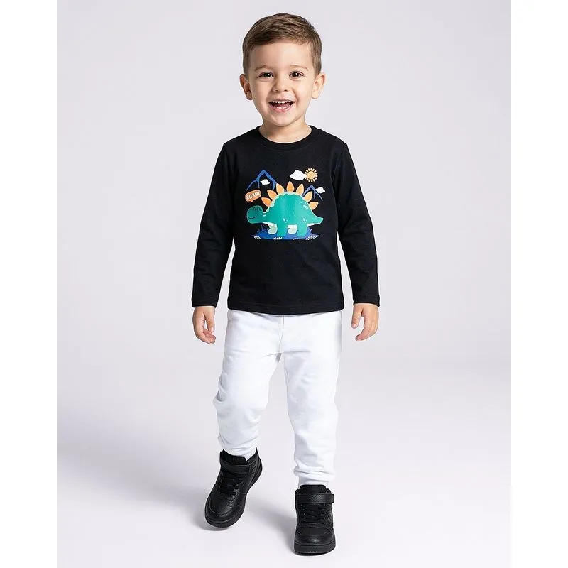Camiseta Bebê Algodão Manga Longa Dinossauro Preto 3