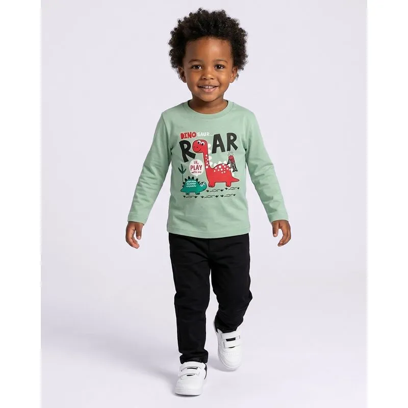 Camiseta Bebê Algodão Dinossauro Manga Longa Verde 1